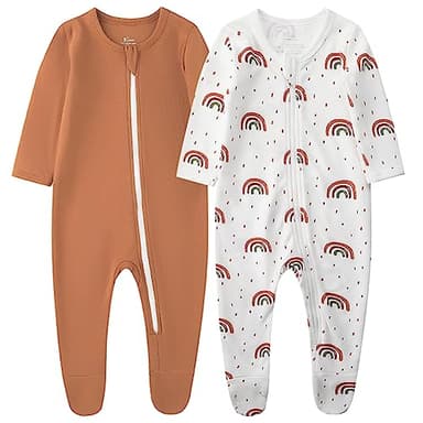 O2 BABY Baby Boys Girls Organic Cotton Zip Front Sleeper Pajamas, Footed Sleep 'n Play（12-18 Months, Rainbow & Orange） - Image 1