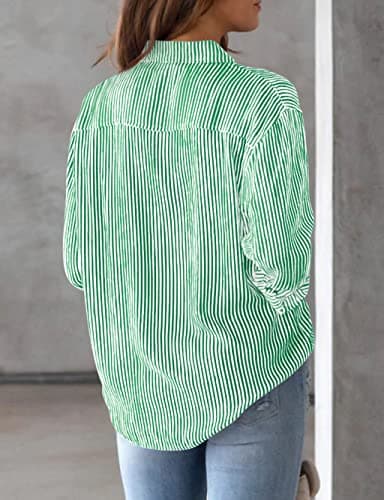 AISEW Womens Button Down Shirts Striped Classic Long Sleeve Collared Office Work Blouses Tops with Pocket (Green, 7002M) - Image 4