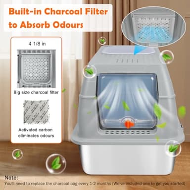 SZEE XL Stainless Steel Litter Box, Top Exit Design, Non Stick, No Smell, Easy Cleaning, Activated Charcoal Odor Control Design, Half/Fully Enclosed Design, Footboard, Trapping Mat & Scoop Included - Image 4