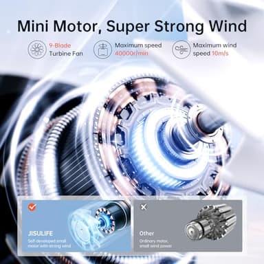 JISULIFE Portable Handheld Fan Life9, Turbo Power High Speed Air [18H Max Cooling Time], 5 Gear Wind, 5000mAh Rechargeable, Mini Pocket Design, Personal Fan for Travel Concerts Camping Makeup - Black - Image 3