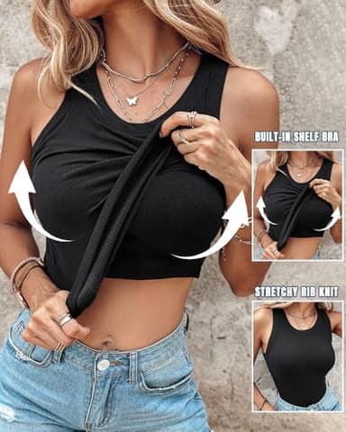 CHICME Tank Tops with Built in Bras Athletic Tank Tops for Women Ribbed Tank Top Running Tops Black-XL - Image 2