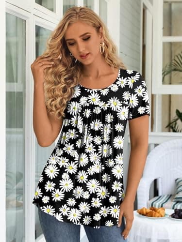 LONGYUAN Women's Casual Short Sleeve Tops Summer Loose Fitted Flowy Tunic Soft Cute Pleated Shirts Fl Large - Image 2