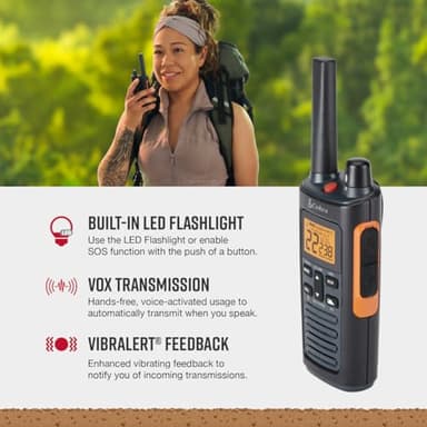 Cobra RX680 Walkie Talkies (2-Pack) - Rugged & Splashproof Two Way Radios Long Range, IP54 Water Resistant Design, 60 Pre-Programmed Channels, Weather Alerts, Included Charging Dock (Black/Orange) - Image 4
