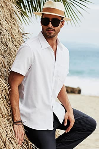 JMIERR Men's Summer Casual Stylish Short Sleeve Button-Up Shirts Cotton Linen Solid Color Business Dress Shirts Chambray Beach Shirt, L, White - Image 4