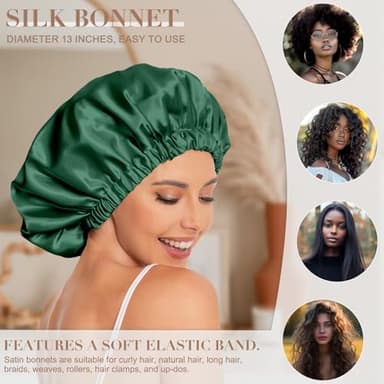 Satin Bonnet Silk Bonnet Hair Bonnet for Sleeping-Slouchy Beanie Hat Satin Sleep Cap for Women's Natural & Curly Hair(Black&Blackish Green) - Image 3