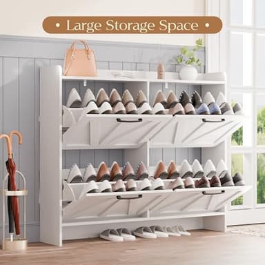 MU Shoe Storage Cabinet with 4 Flip Drawers, Freestanding Shoe Cabinet, Slim Shoe Organizer with Wood Legs for Entryway, White - Image 4