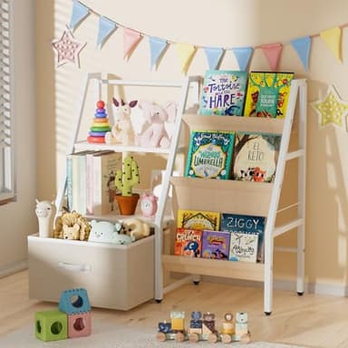 ZVMTTOY 3 Tier Kids Bookshelf and Toy Organizer with Movable Drawer,Montessori Bookcase Toy Organizer,Toddler Bookshelf for Kids Rooms, Playroom, Nursery,White,29.5" Height Safe Design - Image 1