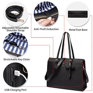Keyli Laptop Tote Bag for Women Waterproof Leather Work Laptop Briefcase with Built-in USB Charging Port Computer Shoulder Bags Fits 15.6 Inch, Business Handbag Purse 4pcs Set Black - Image 4