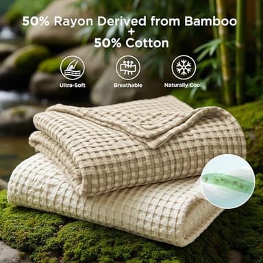 Bedsure Cooling Cotton Waffle Queen Size Blanket -Lightweight Breathable Blanket of Rayon Derived from Bamboo for Hot Sleepers, Luxury Throws for Bed, Couch and Sofa, Light Brown, 90x90 Inches - Image 3