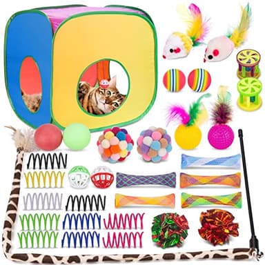 Retro Shaw Cat Toys, 33Pack Large Cats Toys, Interactive Kitten Toys for Indoor Cats Kitty with Collapsible Game Tunnel Tube Tent Feather Wand Teaser Bell Fuzzy Ball Springs Mouse Toys - Image 1