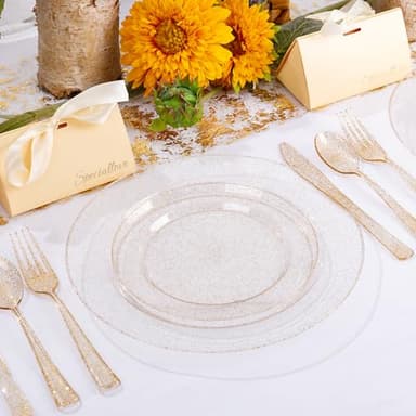 WDF 200PCS Gold Plastic Plates - Gold Glitter Plastic Plates - Heavy Duty Gold Glitter Disposable Plates - Include 100 Dinner Plates 10" and 100 Dessert Plate 7" for Parties/Wedding - Image 4