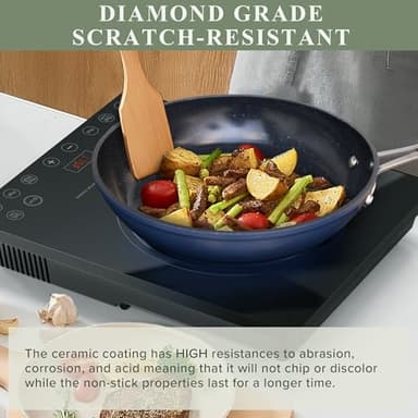 Nuwave Healthy Duralon Blue Ceramic Nonstick Cookware Set, Diamond Infused Scratch-Resistant, PFAS Free, Dishwasher & Oven Safe, Induction Ready & Evenly Heats, Tempered Glass Lids & Stay-Cool Handles - Image 4