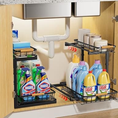 Delamu 2 Pack Under Sink Organizer and Storage, 2 Tier Pull Out Cabinet Organizer, Slide Out Under Sink Storage Shelf, Undersink Organizers Shelves for Kitchen Bathroom Pantry Organization - Image 3