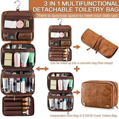 Elviros Hanging Toiletry Bag for Men Travel Essentials 3-in-1 Large Waterproof Dopp Kit PU Leather Shaving Bag with Separate Compartments for Grooming and Toiletries Mens Gift - Image 2
