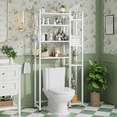 Simple Trending 8 Tier Over The Toilet Storage with Side Rack, Bathroom Organizer Metal Shelves for Towels, White - Image 2