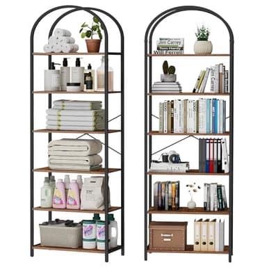 Homhedy 6-Tier Bookshelf Arched Display Racks, Wood and Metal Bookcase, Tall Bookshelf, Industrial Display Standing Shelf Unit, for Home Office, Living Room, Bedroom, Bathroom, Rustic Brown - Image 9