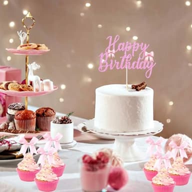 Pink Bow Cake Topper Pink Bow Cupcake Toppers Bow Coquette Birthday Cake Topper Bowknot Cake Decorations for Bow Baby Shower Birthday Party Supplies - Image 6
