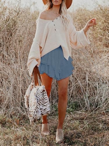 Aoudery Flowy Shorts for Women Casual Boho Ruffle Tiered Skorts High Waist Mini Skirts Golf Tennis Butterfly Crochet Shorts - Denim Blue XL - Image 3