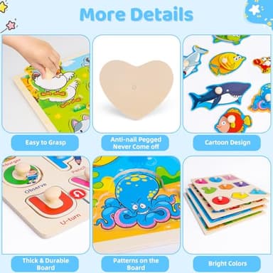Wooden Peg Puzzles for Toddlers 2 3 4 Year Old, 4 Pack Montessori Toys Preschool Learning Puzzles for Toddlers 1-3 with Animals, Shapes, Alphabet, Wooden Toddler Toys Gifts for Kids Boys Girls - Image 3