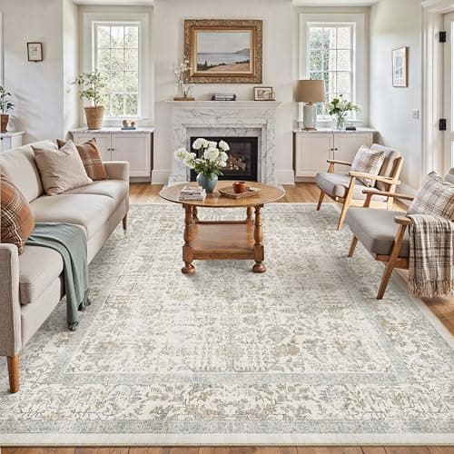 PureCozy Taupe Area Rug 8x10 Machine Washable Large Vintage Living Room Distressed Non Slip Carpet Traditional Indoor Bedroom Retro Floral Accent Throw Rug for Office Kitchen Dining Room - Image 1