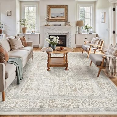 PureCozy Taupe Area Rug 8x10 Machine Washable Large Vintage Living Room Distressed Non Slip Carpet Traditional Indoor Bedroom Retro Floral Accent Throw Rug for Office Kitchen Dining Room - Image 1