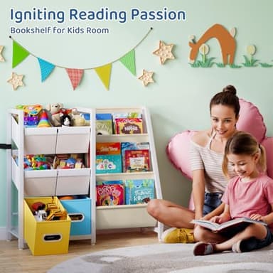 LATIBELL Kids Bookshelf Toy Storage Organizer - Book Shelf for Kid Rooms, 6 Toy Bins for Kid Organizer and 3 Sling Kids Bookcase, Toddler Baby Montessori Nursery Bookshelf Childrens Book Rack Display - Image 7