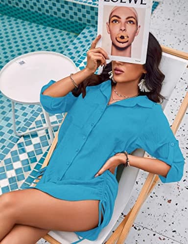 Blooming Jelly Womens Bathing Suit Cover Ups Bikini Swimsuit Coverup Drawstring Button Down Beach Dress Shirt(XX-L, Peacock Blue) - Image 4