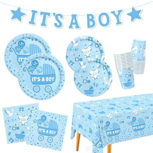 Baby Boy Shower Decorations for 24 Guests - It’s A Boy Decorations Kit Including Disposable Plates, Napkins, Cups, Tablecloth & Banner for Baby Shower Decorations Boy - Image 1