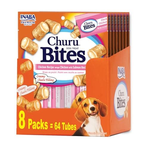 INABA Churu Bites for Dogs, Soft & Chewy Dog Treats, 0.42 Ounces Each Tube, 64 Tubes Total (8 Tubes per Pack), Chicken with Salmon Recipe - Image 1