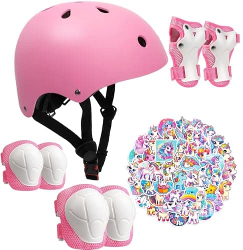 Toddler Bike Helmet with Knee Elbow Wrist Pads Guards,Pink Girls Bike Helmet for Ages 2-3-5-8-14,Sports Protective Gear Set for Bicycle,Skate Scooter,Rollerblading with Unicorn Sticker - Image 1