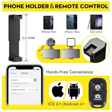 Aureday 88’’ Flexible Phone Tripod with 14.95’’ Gooseneck, Remote and Phone Holder, Overhead Cell Phone Stand＆Selfie Stick for Video Recording, Compatible with iPhone Android Phone, Camera - Image 5