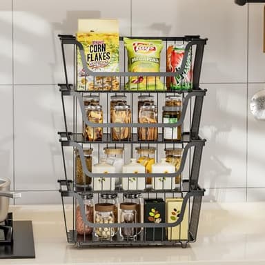 4 Pcs Stackable Wire Baskets for Pantry Organizers and Storage,Vegetable Fruit Basket for Countertop,Kitchen Storage Metal Baskets,Produce Potato Onion Storage Bin,Black - Image 2