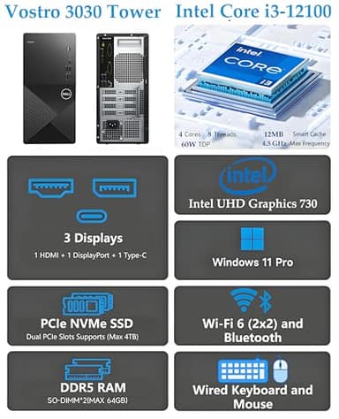 Dell Vostro 3030 3000 Tower Business Desktop Computer, 12th Gen Intel 4-Core i3-12100 (Beat i5-11500T), 16GB DDR5 RAM, 512GB PCIe SSD, WiFi 6, Bluetooth, DisplayPort, HDMI, Type-C, Windows 11 Pro - Image 2