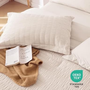 MUXHOMO 7 Pieces Queen Comforter Set, Seersucker Bed in a Bag Queen Size, All Season Luxury Bedding Set with Comforter, Flat Sheet, Fitted Sheet, Pillowcases & Shams, Beige - Image 9