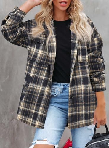 Beaully Women's Flannel Plaid Shacket Long Sleeve Button Down Shirts Jacket Coats with Side Pockets 6017F Dark Blue Black XL - Image 4