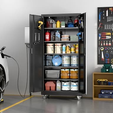 Aobabo Upgraded Garage Storage Cabinets with Wheels,Metal Storage Cabinets with 5 Adjustable Shelves for Garage Home Office Storage, Black,71''H*34''W*18''D,Assembly Required - Image 2