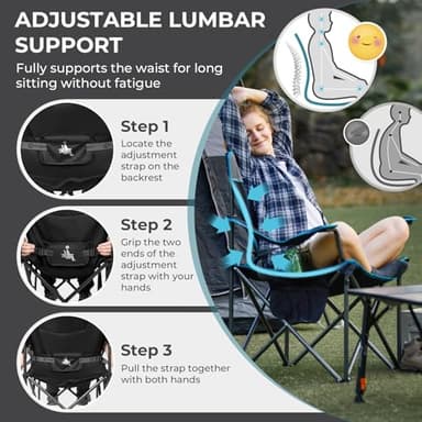 FUNDANGO Oversized Camping Chair for Adults, Heavy Duty Portable Foldable Lawn Chair with Padded Seat & Back, Lumbar Support, 4-can Cooler & Cup Holder, Carry Bag Included for Outdoor (Black) - Image 3