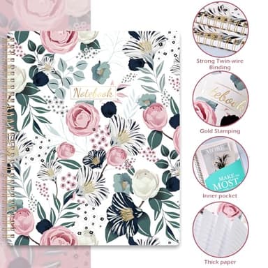 Spiral Notebook - Notebooks Spiral Bound, 8.5" * 11", Journal Notebook with Thick Paper & Back Pocket, 110 Pages, with Twin-Wire Binding, Journals for Women, College Ruled Notebooks - Floral - Image 4