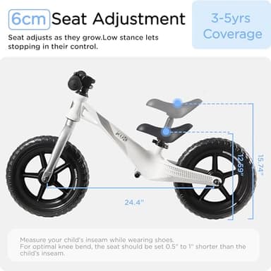 KÜB Balance Bike, Ages 3 to 5 Year Old, 12 Inch Wheels, Super Light Magnesium Frame, Adjustable Seat, Toddler Bike with Footrest, Steady Balancing, Gift for Boys Girls, White - Image 4