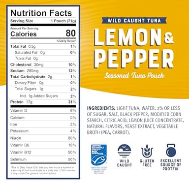 Bumble Bee Lemon & Pepper Seasoned Tuna, 2.5 oz Pouches (Pack of 12) - Ready to Eat - Wild Caught Tuna Packet - 17g Protein per Serving - Gluten Free - Image 2