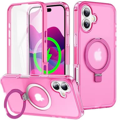 Turquiase for iPhone 16 Plus Full Body Shockproof Case with Magnetic Invisible Stand [Compatible with MagSafe] Built-in Screen Protector Military Drop ProtectionTranslucent Phone Cover -Hot Pink - Image 1