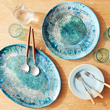 Radiance Teal 2pc Melamine Platter Set – 14" Round & 18"x13.5" Oval Serving Trays – Reactive Glaze Style Artisan Serveware for Entertaining, Holidays, Dinner Parties, or Gifts - Image 7