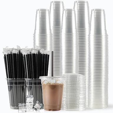 WUHUIXOZ [200 Sets - 12oz Plastic Cups with Lids and Straws, Disposable Cups for Iced Coffee, Smoothie, Milkshake, Cold Drinks - Clear - Image 1