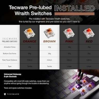 TECWARE Phantom+ Elite 87 Key RGB Mechanical Gaming Keyboard, LED Backlit, Universal Hot-Swap, Wired and Wireless, 3 Mode Connectivity, Thocky Sounding, Black Elite Wraith Brown - Image 3