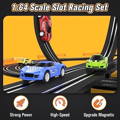 Slot-Car-Race-Track-Sets for Boys Kids, Battery or Electric Race Car Track with 4 High-Speed Slot Cars, Dual Racing Game 2 Hand Controllers Circular Overpass Track, Toys Gifts for 6-8 8-12 Boys Girls - Image 2