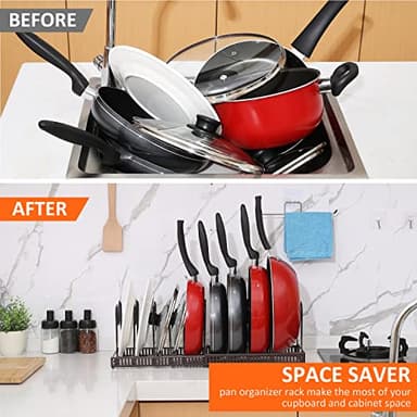 Pot Rack Organizer -Expandable Pot and Pan Organizer for Cabinet,Pot Lid Organizer Holder with 10 Adjustable Compartment for Kitchen Cabinet Cookware Baking Frying Rack,Bronze - Image 7