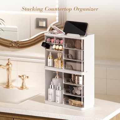 Delamu Makeup Organizer with Drawers, Multi-Function Vanity Organizer Countertop, Stackable Desk Organizer for Makeup Brush Lipstick Skincare Bathroom Vanity Organization and Storage, White - Image 7