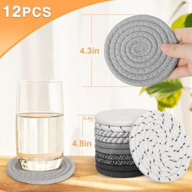 BUEDM 12 Pcs Boho Drink Coasters,Minimalist Cotton Handmade Woven Absorbent Drink Coasters,Heat Resistant Cotton Coasters for Coffee Table, Kitchen, Home Decoration - Image 2