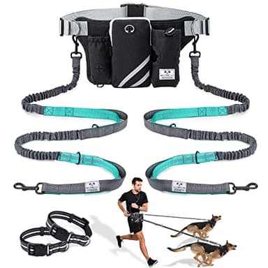 SHINE HAI Retractable Hands Free Dog Leash with Dual Bungees for 2 Dogs, Adjustable Waist Belt Fanny Pack, Reflective Stitching Leash for Running Walking Hiking Jogging Biking Black - Image 1