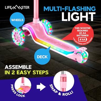 Lifemaster 3-Wheel Kids Scooter with Multi-Color Lights on Deck & Wheels – 5-Height Adjustable Handlebar, Wide Anti-Slip Deck, Child Safety Certified, Boys & Girls Ages 3+ Supports Up to 150 lbs, Pink - Image 3